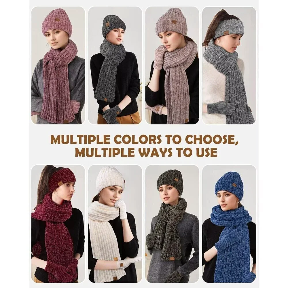 Women Winter Hat Scarf Gloves Headband Set Fleece Lined Knit Accessory